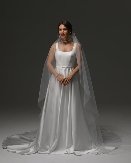 Cathedral One Tier Cascade Soft Wedding Veil with Raw Edge – Classic Wide Ivory Bridal Veil