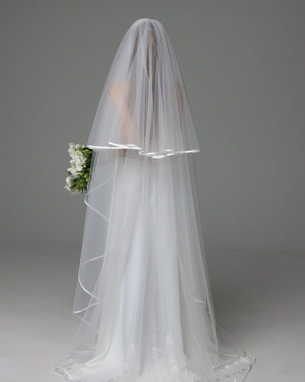 Two Tier Satin Ribbon Wedding Veil with Full Gathered Top