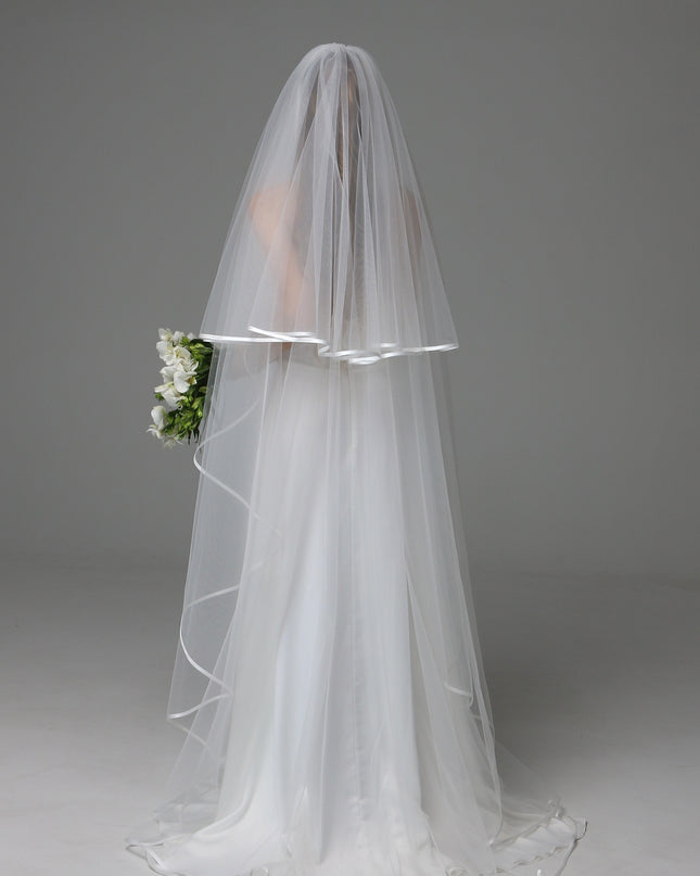 Two Tier Satin Ribbon Wedding Veil with Full Gathered Top