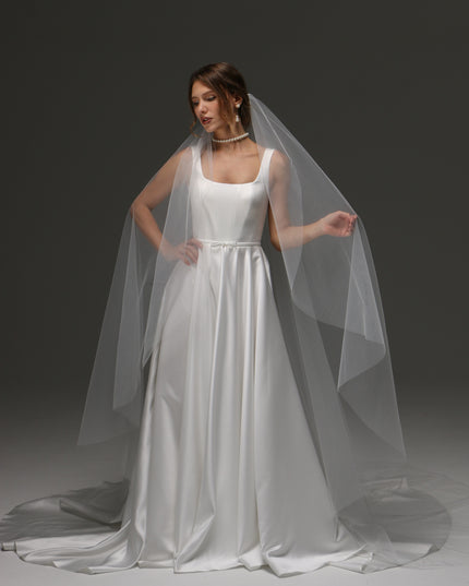 Cathedral One Tier Cascade Soft Wedding Veil with Raw Edge – Classic Wide Ivory Bridal Veil