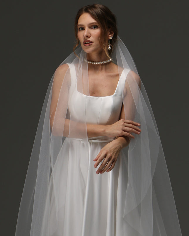 Cathedral One Tier Cascade Soft Wedding Veil with Raw Edge – Classic Wide Ivory Bridal Veil