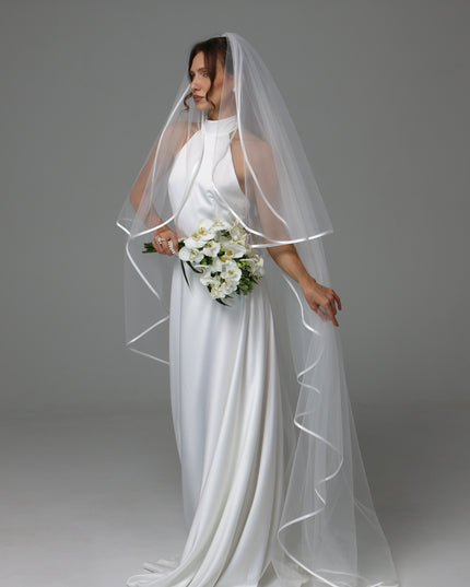 Two Tier Satin Ribbon Wedding Veil with Full Gathered Top