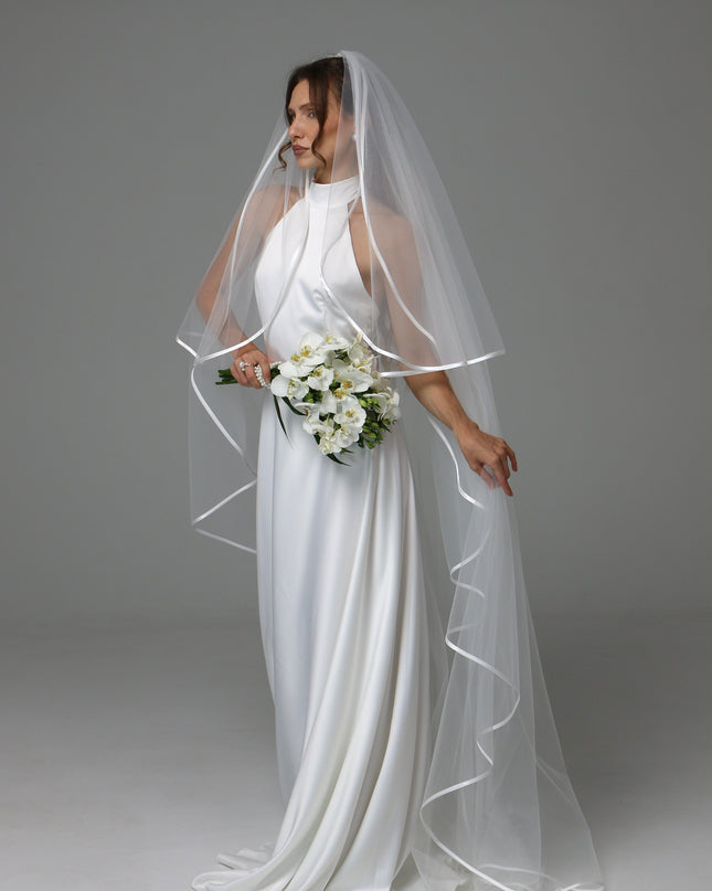 Two Tier Satin Ribbon Wedding Veil with Full Gathered Top