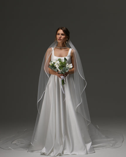 Cascading One Tier Satin Ribbon Wedding Veil, Simple Elegant Bridal Veil with Satin Edge, Knee Length or Short Veil for Bride