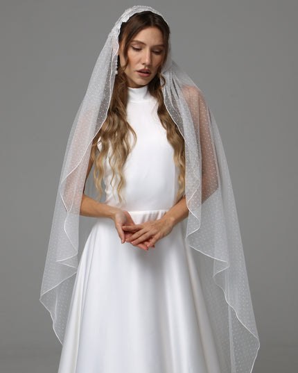 Vintage Juliet Cap Wedding Veil with Dotted Tulle and Lace Appliqués