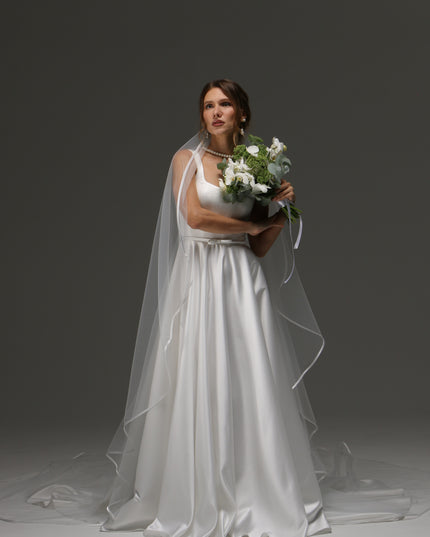 Cascading One Tier Satin Ribbon Wedding Veil, Simple Elegant Bridal Veil with Satin Edge, Knee Length or Short Veil for Bride