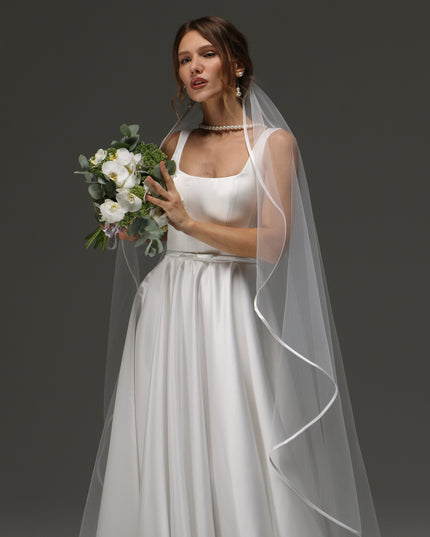 Cascading One Tier Satin Ribbon Wedding Veil, Simple Elegant Bridal Veil with Satin Edge, Knee Length or Short Veil for Bride