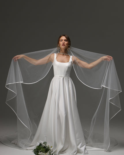 Cascading One Tier Satin Ribbon Wedding Veil, Simple Elegant Bridal Veil with Satin Edge, Knee Length or Short Veil for Bride