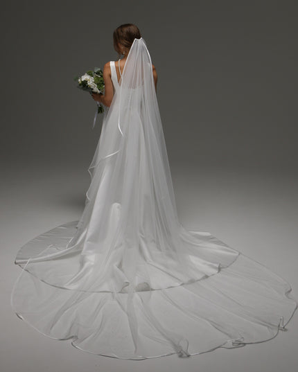 Cascading One Tier Satin Ribbon Wedding Veil, Simple Elegant Bridal Veil with Satin Edge, Knee Length or Short Veil for Bride