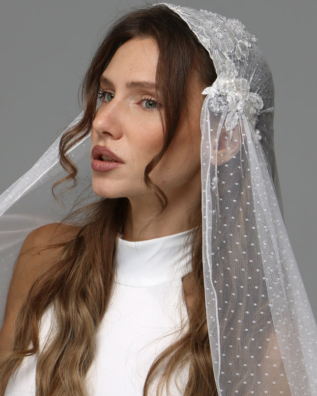 Vintage Juliet Cap Wedding Veil with Dotted Tulle and Lace Appliqués