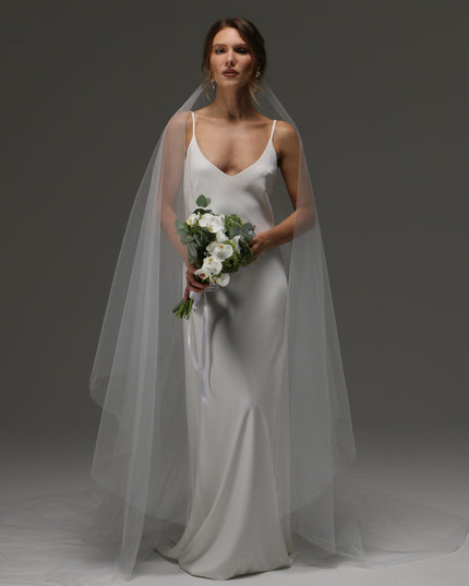Two Tier Cut Edge Bridal Veil with Blusher – Simple Cascading Chapel Length Wedding Veil