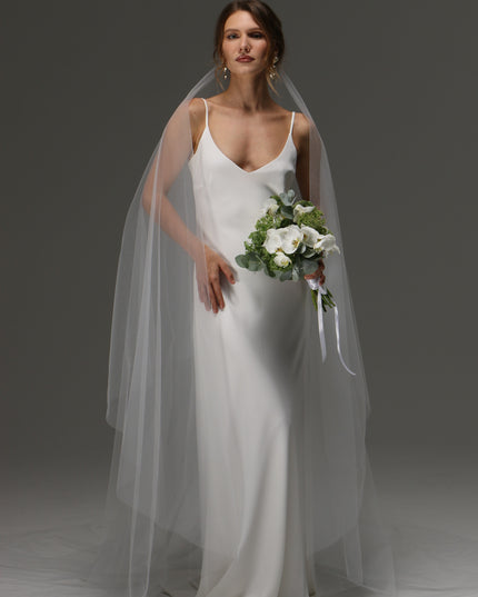 Two Tier Cut Edge Bridal Veil with Blusher – Simple Cascading Chapel Length Wedding Veil