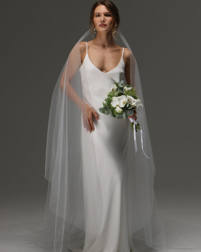 Two Tier Cut Edge Bridal Veil with Blusher – Simple Cascading Chapel Length Wedding Veil