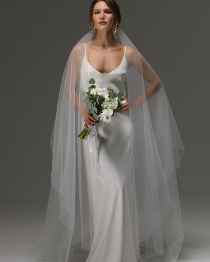 Two Tier Cut Edge Bridal Veil with Blusher – Simple Cascading Chapel Length Wedding Veil