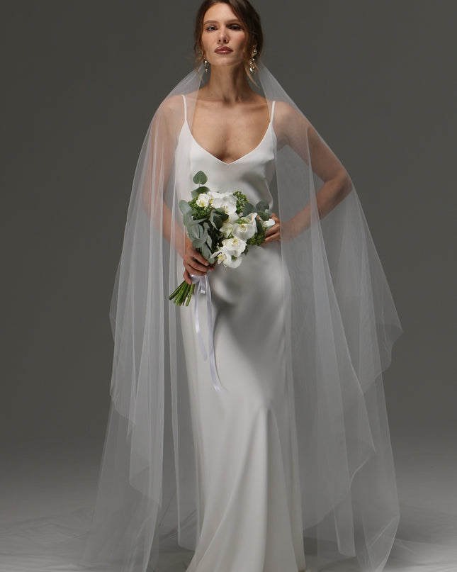 Two Tier Cut Edge Bridal Veil with Blusher – Simple Cascading Chapel Length Wedding Veil