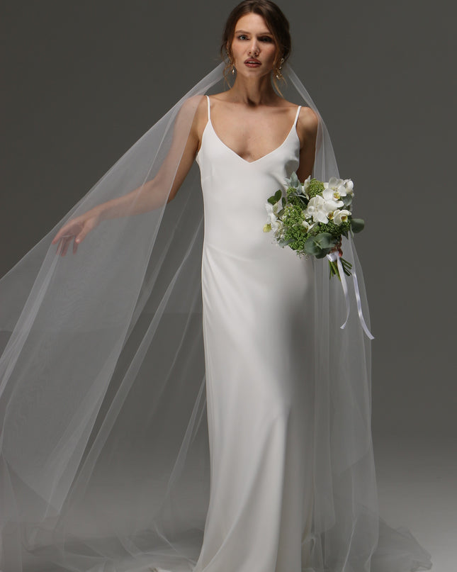 Two Tier Cut Edge Bridal Veil with Blusher – Simple Cascading Chapel Length Wedding Veil