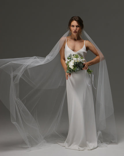 Two Tier Cut Edge Bridal Veil with Blusher – Simple Cascading Chapel Length Wedding Veil