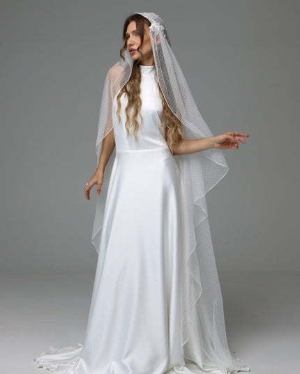 Vintage Juliet Cap Wedding Veil with Dotted Tulle and Lace Appliqués