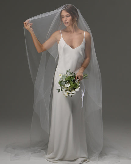 Two Tier Cut Edge Bridal Veil with Blusher – Simple Cascading Chapel Length Wedding Veil