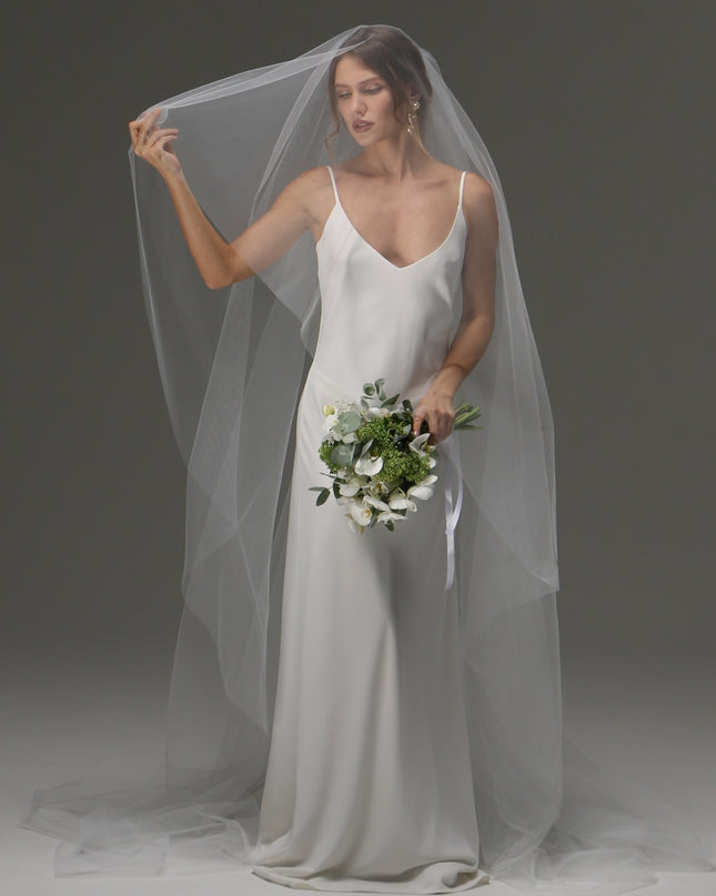 Two Tier Cut Edge Bridal Veil with Blusher – Simple Cascading Chapel Length Wedding Veil