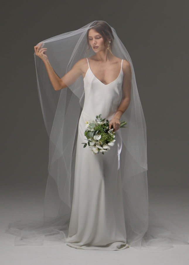 Two Tier Cut Edge Bridal Veil with Blusher – Simple Cascading Chapel Length Wedding Veil