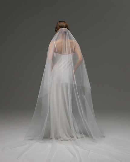 Two Tier Cut Edge Bridal Veil with Blusher – Simple Cascading Chapel Length Wedding Veil