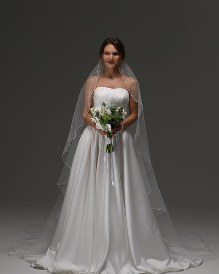 Single Layer Cascade Wedding Veil with Pencil Edge – Delicate Sheer Minimalist Bridal Veil