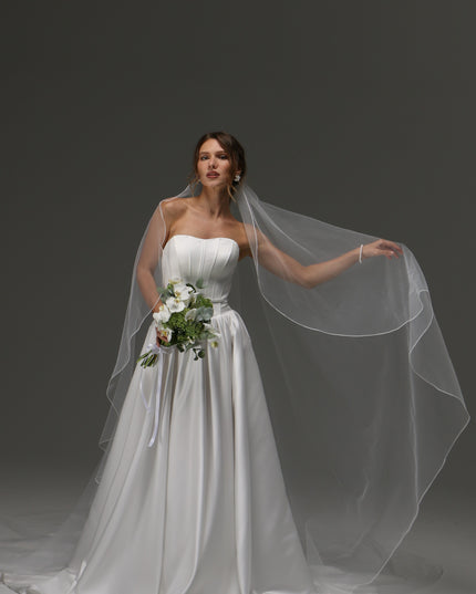 Single Layer Cascade Wedding Veil with Pencil Edge – Delicate Sheer Minimalist Bridal Veil