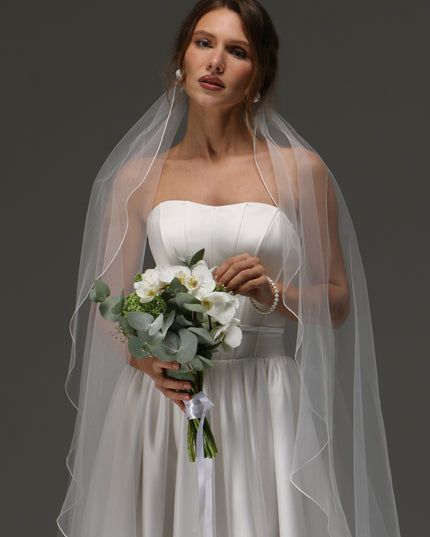 Single Layer Cascade Wedding Veil with Pencil Edge – Delicate Sheer Minimalist Bridal Veil