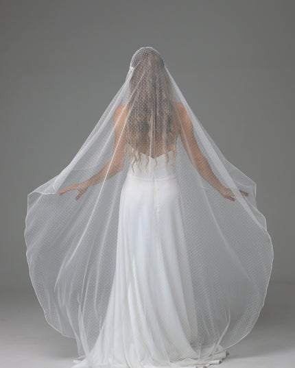Vintage Juliet Cap Wedding Veil with Dotted Tulle and Lace Appliqués