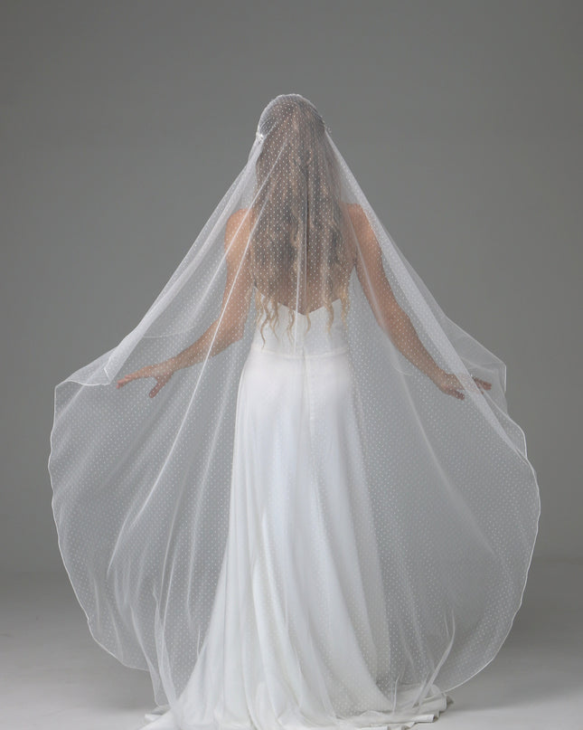 Vintage Juliet Cap Wedding Veil with Dotted Tulle and Lace Appliqués