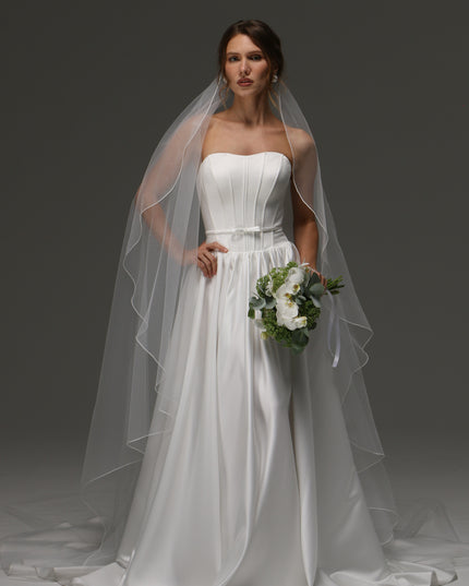 Single Layer Cascade Wedding Veil with Pencil Edge – Delicate Sheer Minimalist Bridal Veil