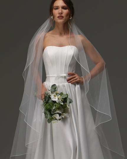 Single Layer Cascade Wedding Veil with Pencil Edge – Delicate Sheer Minimalist Bridal Veil