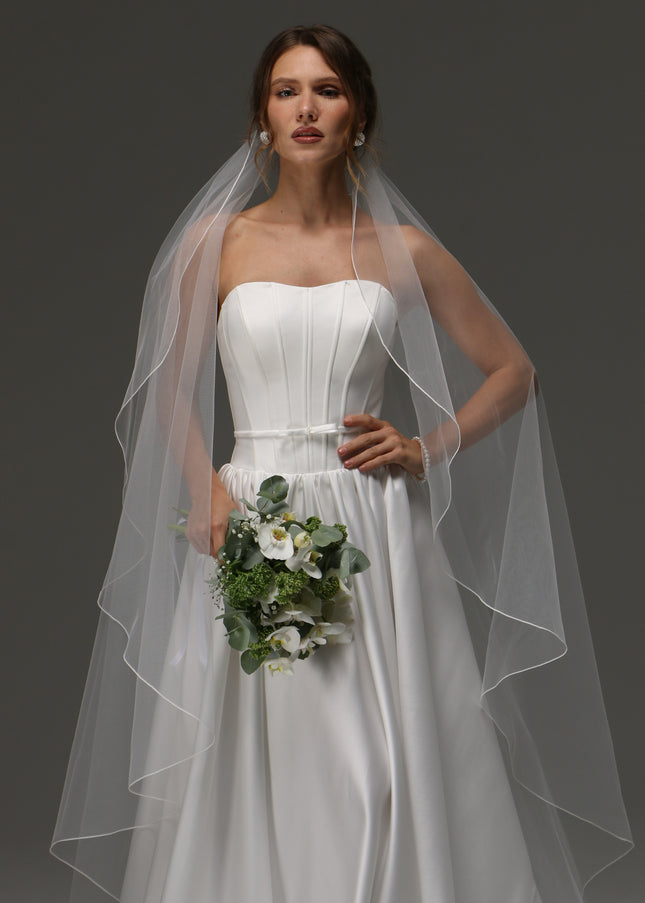 Single Layer Cascade Wedding Veil with Pencil Edge – Delicate Sheer Minimalist Bridal Veil