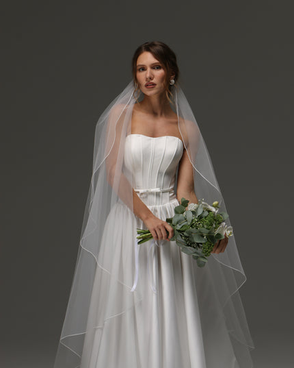 Single Layer Cascade Wedding Veil with Pencil Edge – Delicate Sheer Minimalist Bridal Veil