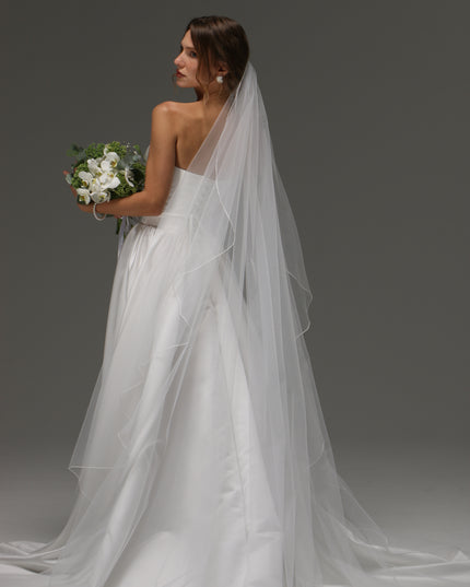 Single Layer Cascade Wedding Veil with Pencil Edge – Delicate Sheer Minimalist Bridal Veil