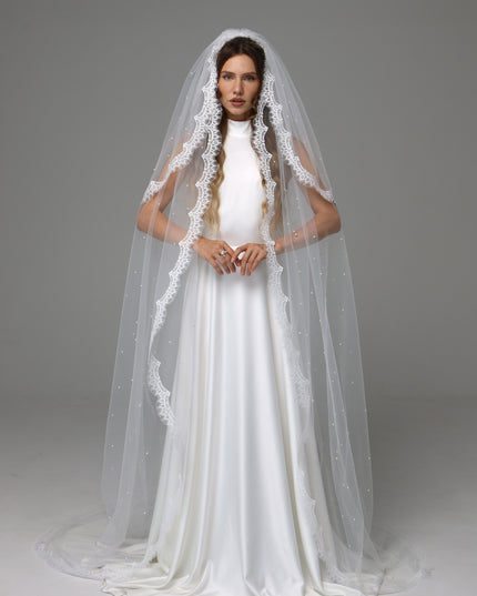 Two Tier Pearl Wedding Veil with Chantilly Lace Edge