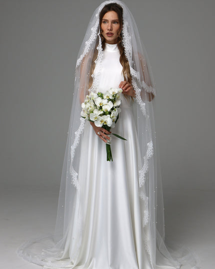 Two Tier Pearl Wedding Veil with Chantilly Lace Edge