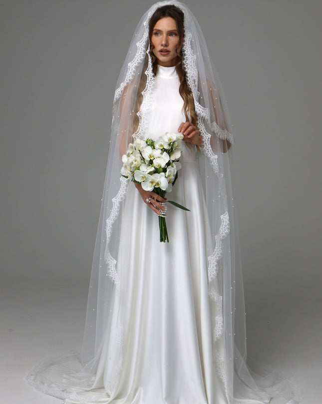 Two Tier Pearl Wedding Veil with Chantilly Lace Edge
