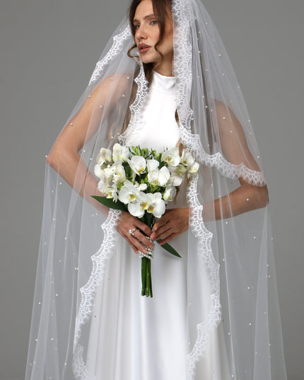 Two Tier Pearl Wedding Veil with Chantilly Lace Edge