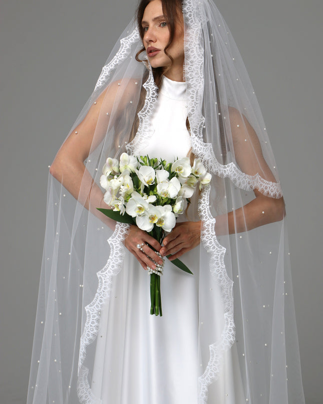 Two Tier Pearl Wedding Veil with Chantilly Lace Edge