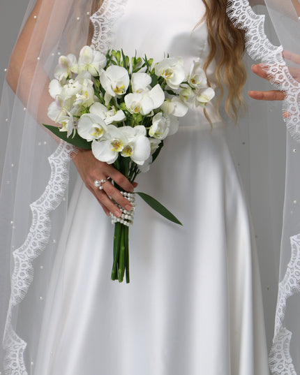 Two Tier Pearl Wedding Veil with Chantilly Lace Edge