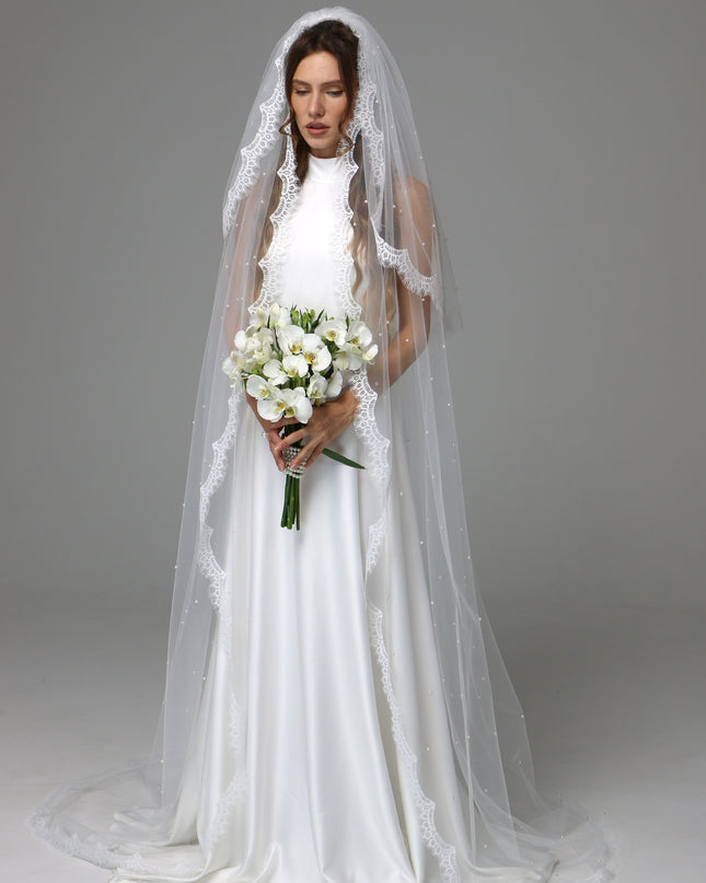 Two Tier Pearl Wedding Veil with Chantilly Lace Edge