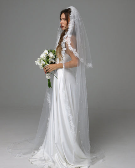 Two Tier Pearl Wedding Veil with Chantilly Lace Edge