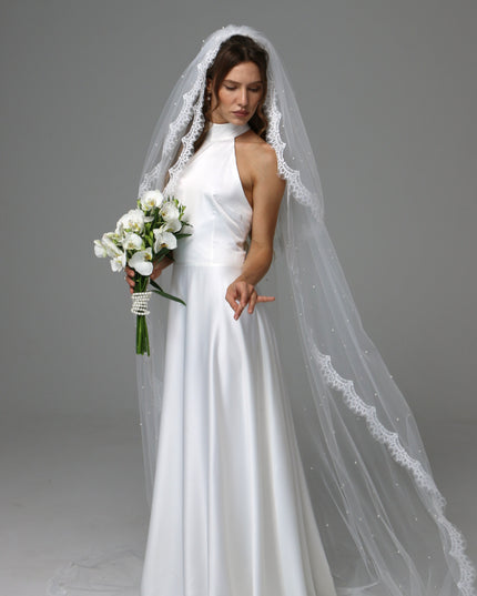 Two Tier Pearl Wedding Veil with Chantilly Lace Edge