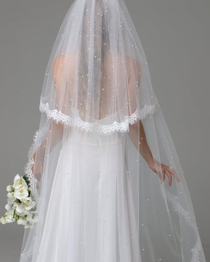 Two Tier Pearl Wedding Veil with Chantilly Lace Edge