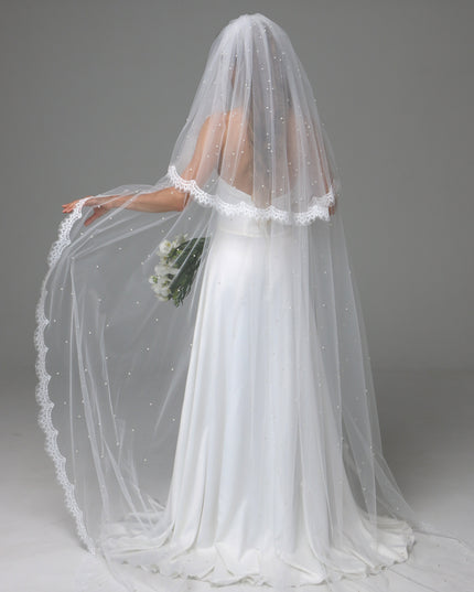Two Tier Pearl Wedding Veil with Chantilly Lace Edge