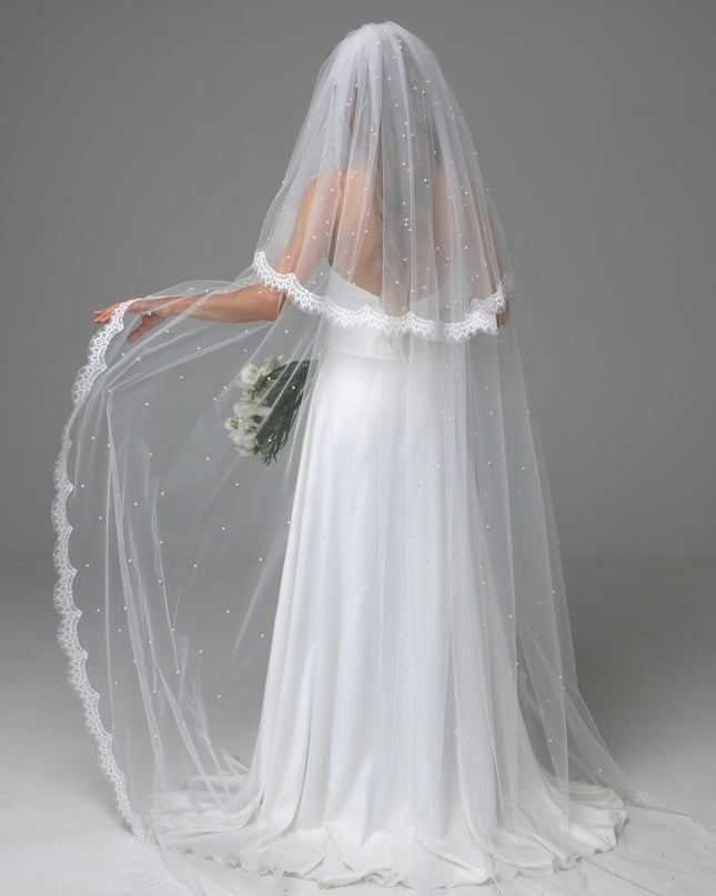 Two Tier Pearl Wedding Veil with Chantilly Lace Edge