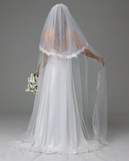 Two Tier Pearl Wedding Veil with Chantilly Lace Edge