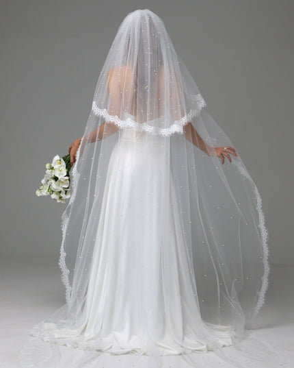 Two Tier Pearl Wedding Veil with Chantilly Lace Edge